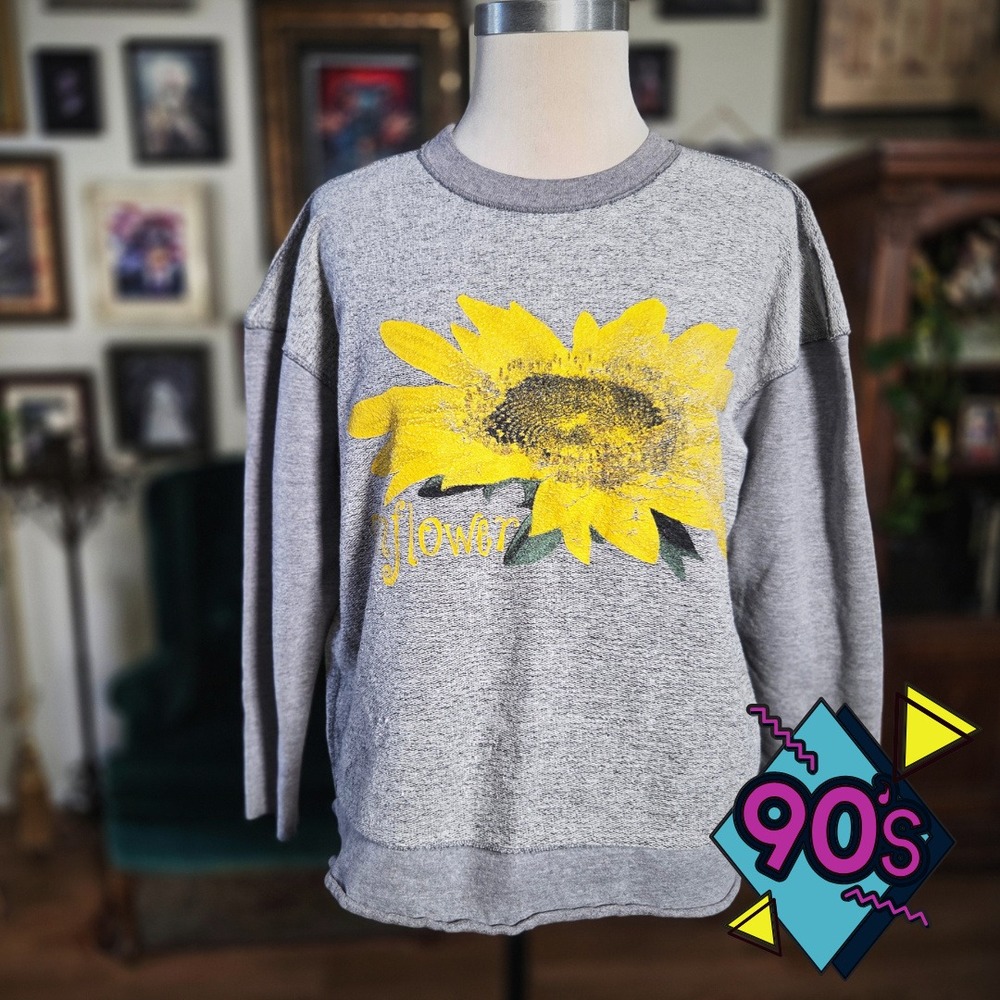 Ross International Sunflower Sweatshirt Vintage 90s Grey‎ Graphic Pullover XL